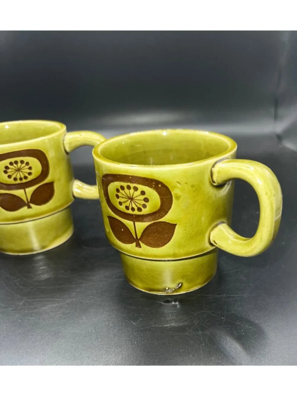 Set Of 2 Vintage Avocado Green Ceramic Stackable Mugs Floral Japan Mid Century